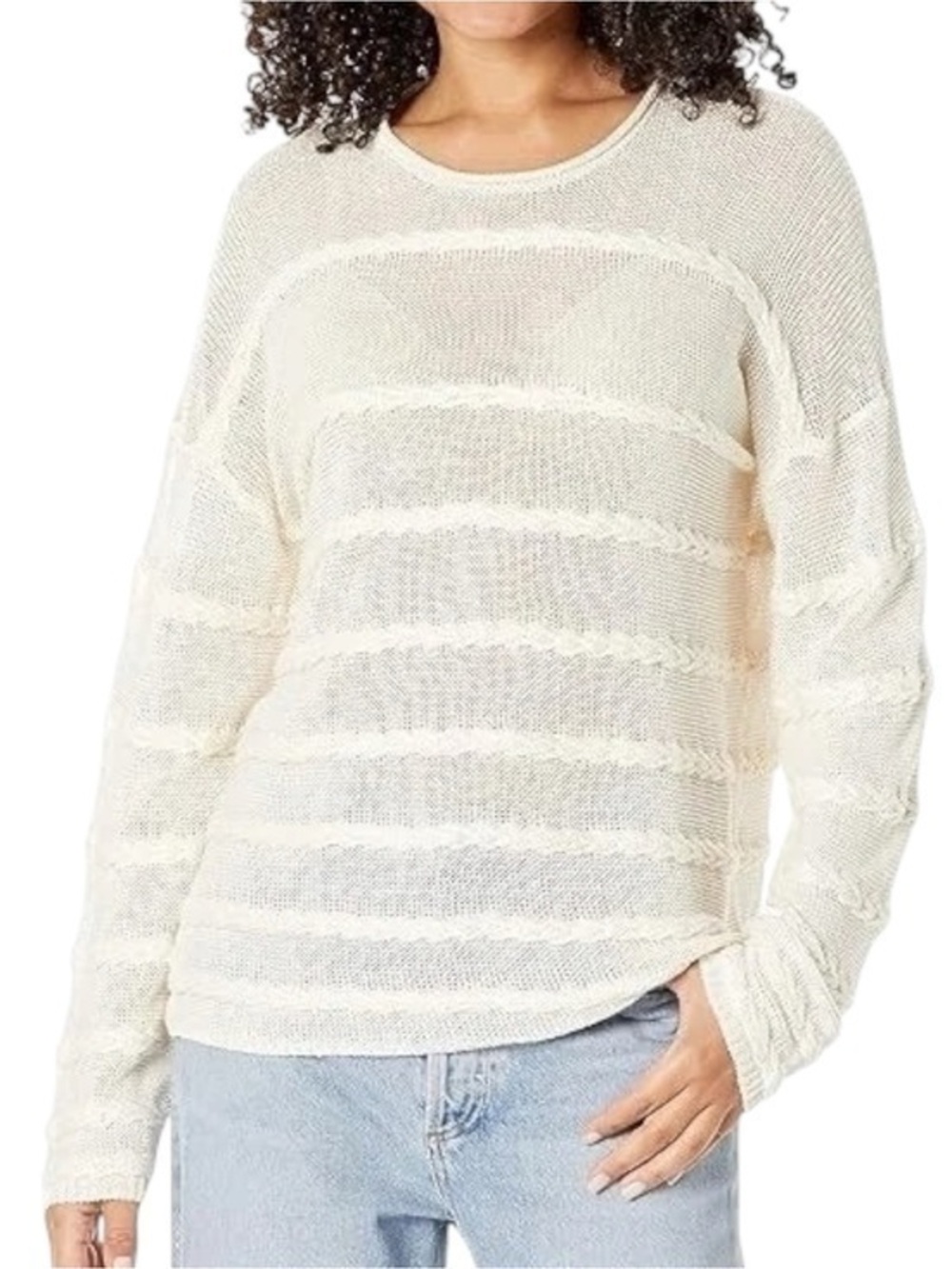 Theory Size L Cream Stripe Linen Blend Knit Neo Harbor Chain Cable Knit Sweater